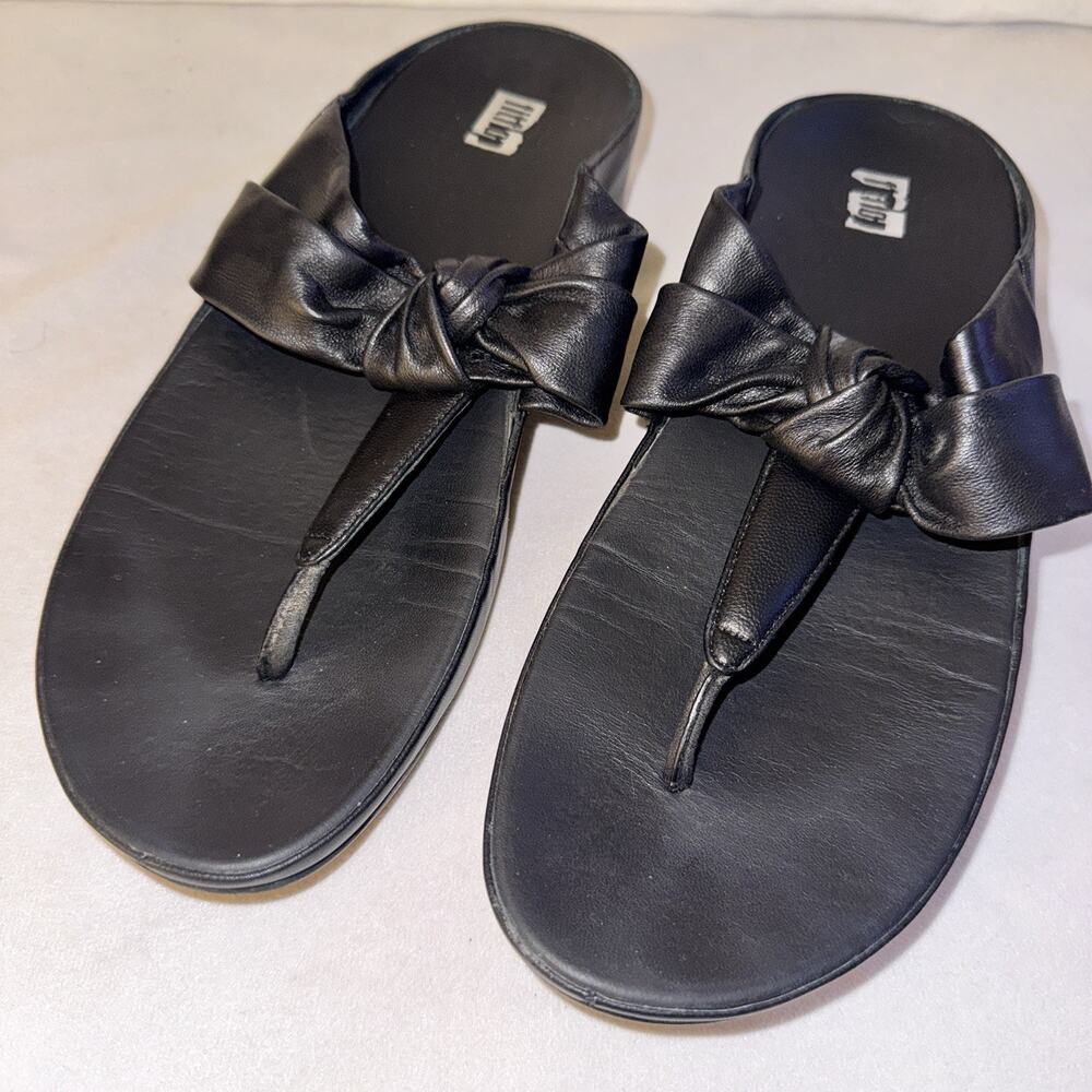 FitFlop Twiss II Knot-Strap Black Leather Toe-Post Sandal Sz 9